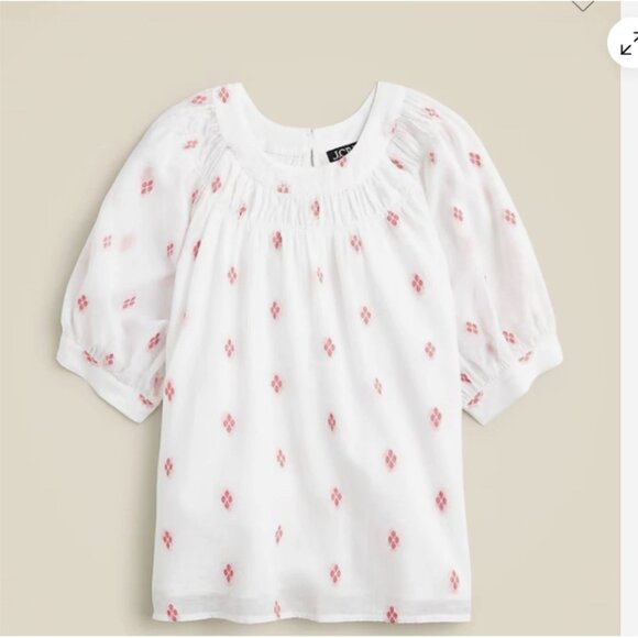 J. Crew Cotton Smock Neck Puff Sleeve Dot Top in White Red Granola Girl Sz Med - Picture 2 of 8